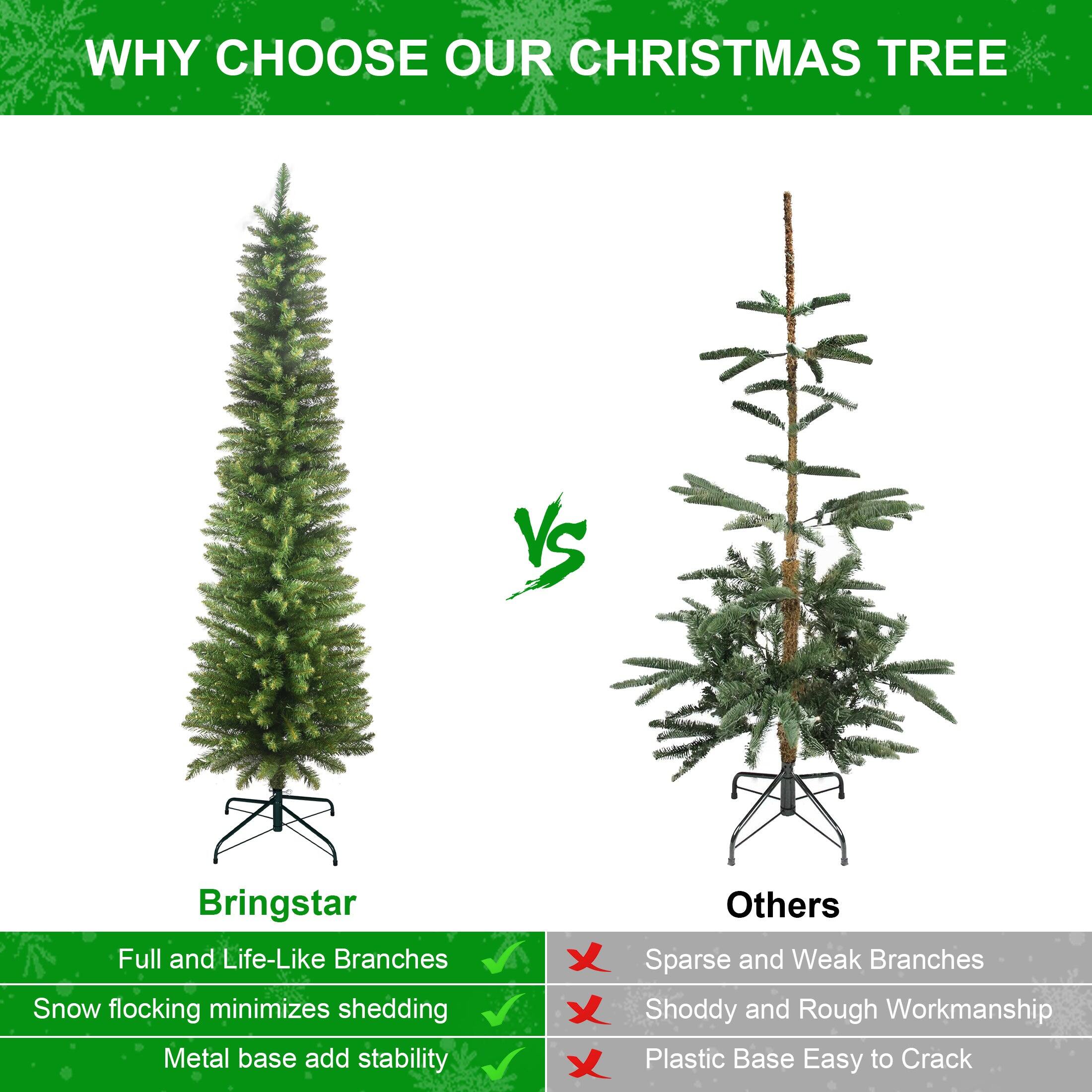 WHY CHOOSE OUR CHRISTMAS TREE

Bringstar
- Full and Life-Like Branches
- Snow flocking minimizes shedding
- Metal base adds stability

Others
- Sparse and Weak Branches
- Shoddy and Rough Workmanship
- Plastic Base Easy to Crack