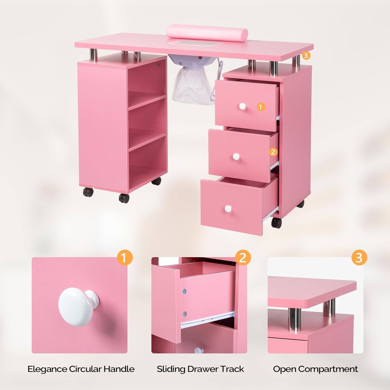 1. Elegance Circular Handle
2. Sliding Drawer Track
3. Open Compartment