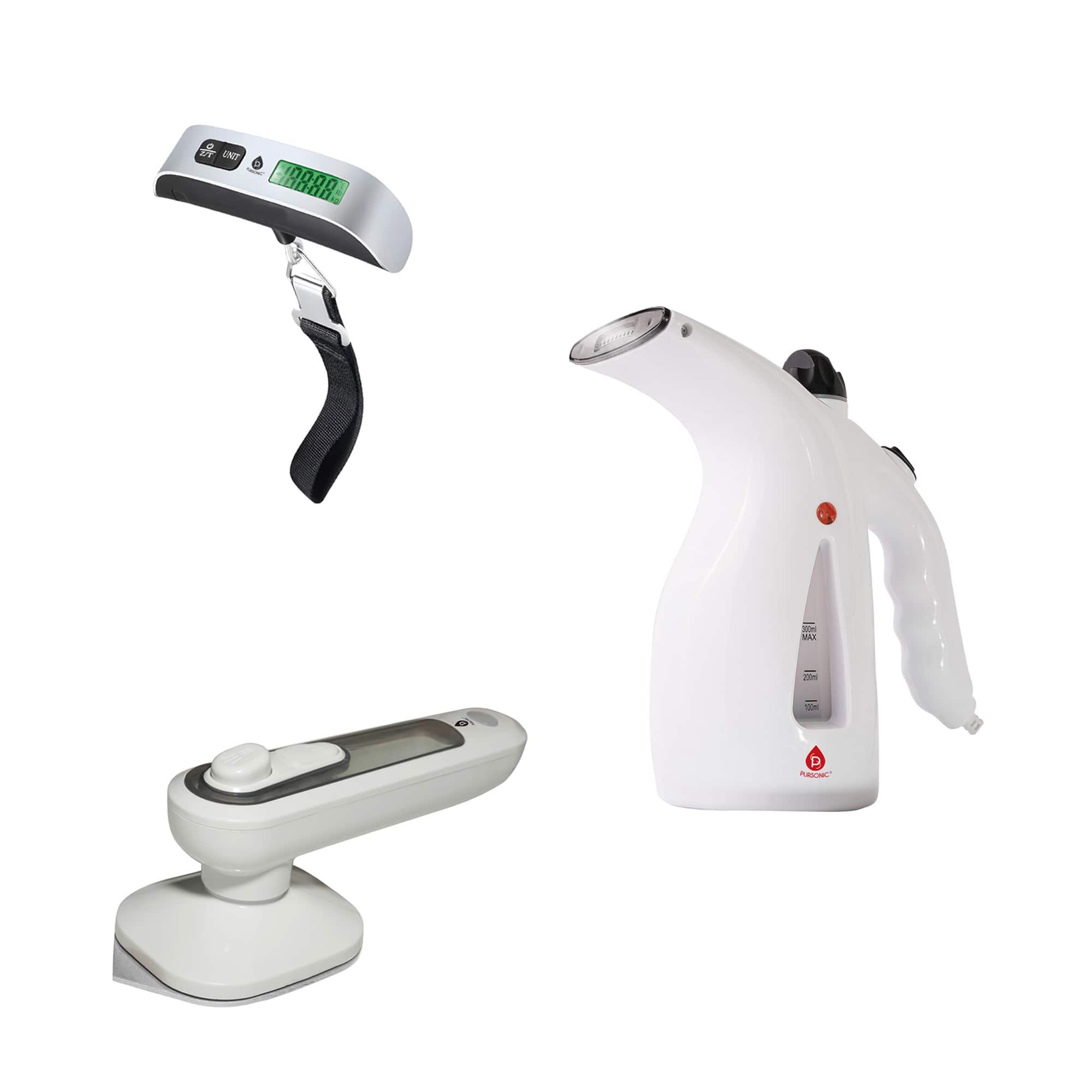 Pursonic - Travel Essentials Bundle: Digital Luggage Scale, Handheld Garment Steamer & Portable Travel Iron - White price history on PriceWatchPro