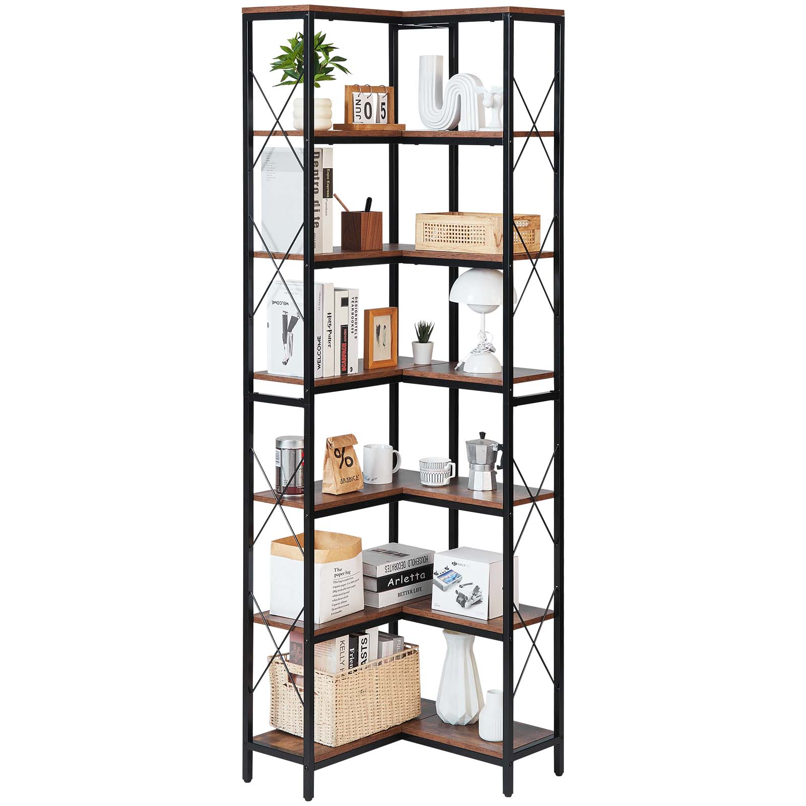 VEVOR - 7 Tier Corner Bookshelf, 79" Tall Bookcase with Metal Frame & Wooden Shelves, Reversible L Shaped Corner Display Shelf - Brown