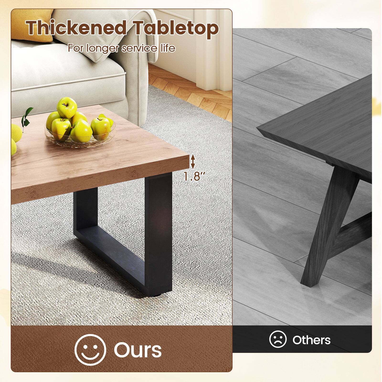 Thickened Tabletop  
For longer service life  

1.8"  

Ours  
Others