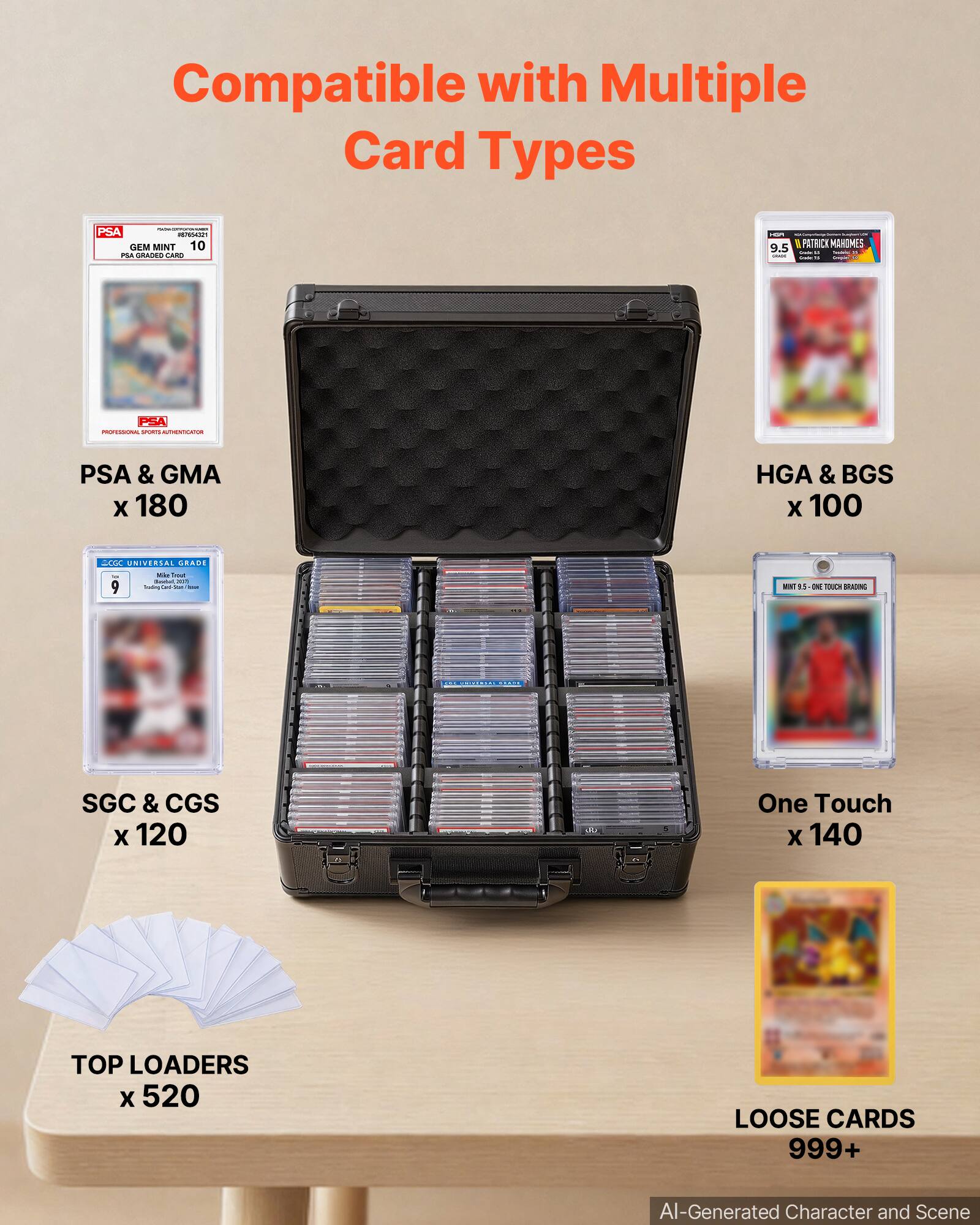 Compatible with Multiple Card Types

- PSA & GMA x 180
- HGA & BGS x 100
- SGC & CGS x 120
- One Touch x 140
- TOP LOADERS x 520
- LOOSE CARDS 999+
- AI-Generated Character and Scene