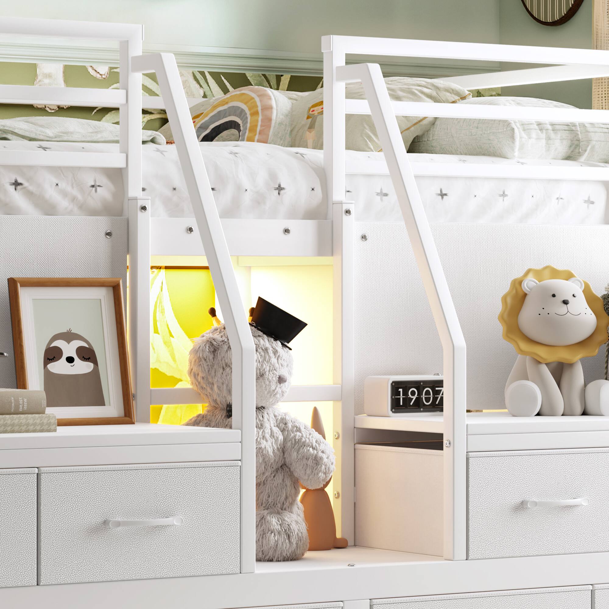 Alt View 2. Anysun - Full Low Loft Bed w/ Multi-Storage, Fabric Drawers & Shelves, Storage Stairs, Lights, Under-Bed Space - White.