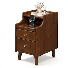 Gymax - Wood Nightstand w/ 2 Drawers Narrow Bedside Table w/ Pull-out Tray & Cable - Brown