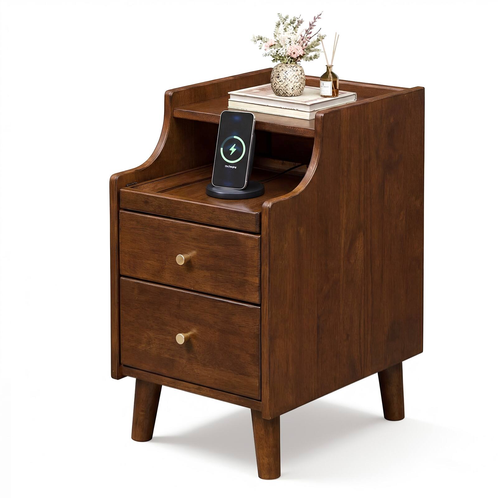 Alt View 9. Gymax - Gymax 2Pcs Wood Nightstand w/ 2 Drawers Narrow Bedside Table w/ Pull-out Tray - Brown.