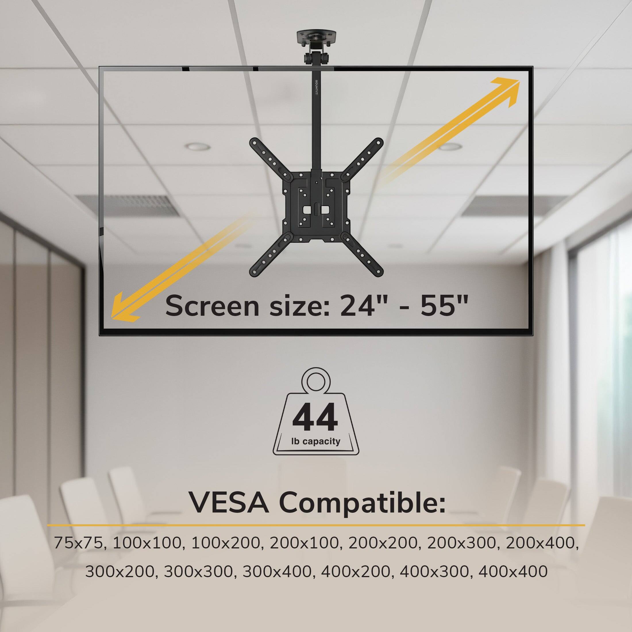 Screen size: 24" - 55"  
44 lb capacity  
VESA Compatible: 75x75, 100x100, 100x200, 200x100, 200x200, 200x300, 200x400, 300x200, 300x300, 300x400, 400x200, 400x300, 400x400