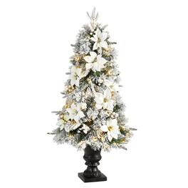 BreeBe - 4’ Flocked Christmas Tree w/223 LVS & 100 Warm Lights in Urn - White