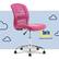The image features a pink office chair with a cloudy blue background. The chair is placed on a metal frame, and the Serta logo is displayed in the background. The chair is described as "comfortable" and "always comfortable," suggesting that it is designed to provide a comfortable seating experience.
