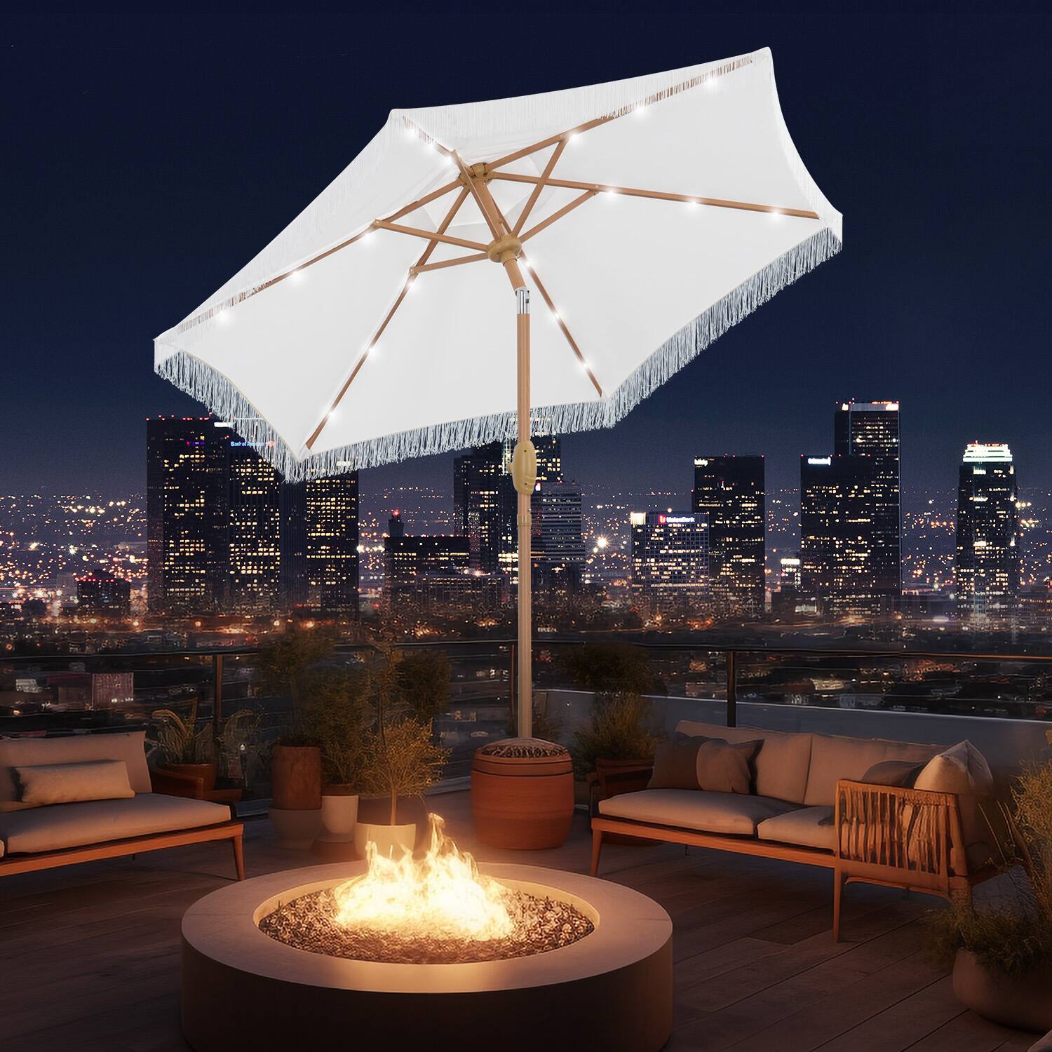 Angle. Ainfox - Ainfox 7.5 FT Patio Umbrella with Fringe,Outdoor Tassel Beach Umbrella,Tilt Adjustment with 18 LED Lights & Base - White.