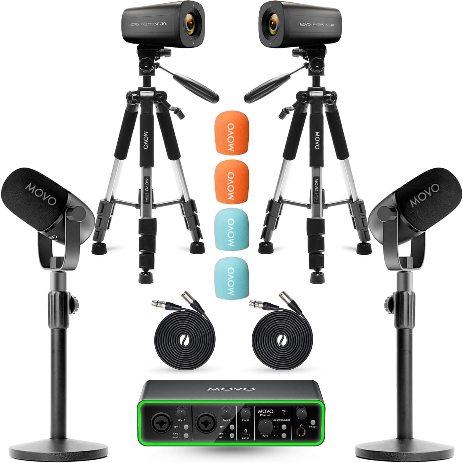 MOVO - Video Podcast Equipment Bundle - USB Audio Interface, 2 XLR Dynamic Microphones, 2 4K UHD Cameras, 2 Desk Stands