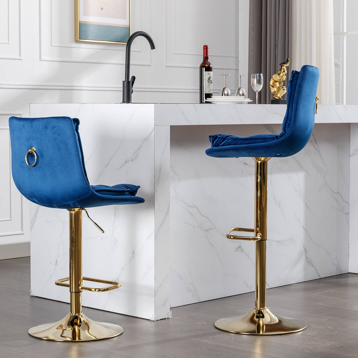 Back. Trinkets Crazed - Bar Stools Set of 2, Swivel Bar Chairs, Adjustable Barstools Counter Height with Backrest for Kitchen Island - Blue.