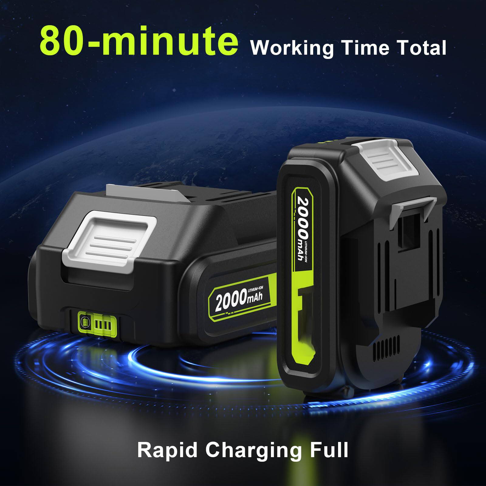 80-minute Working Time Total  
2000 mAh  
Rapid Charging Full