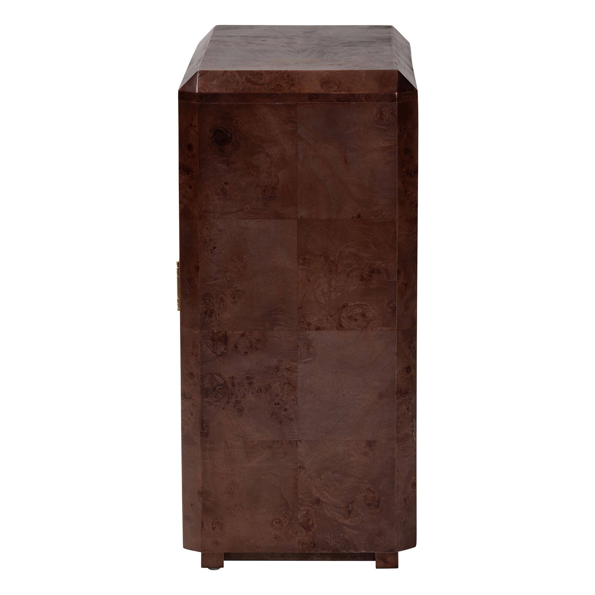 Back. bali & pari - Valora Real Burl Wood Storage Cabinet - Modern Accent Cupboard with Double Doors and Brass Handles, Elegant Sideboard - Dark Walnut.