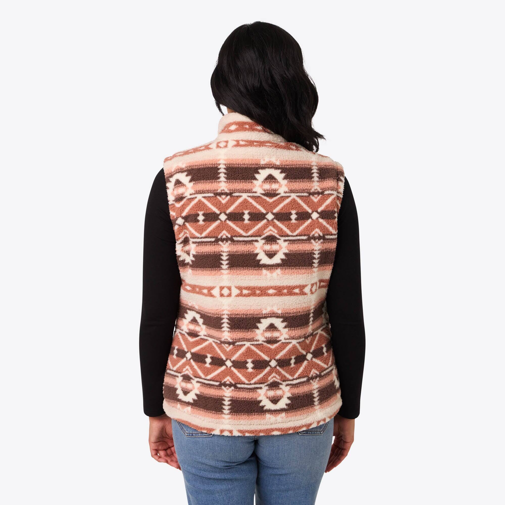 Back. Mobile Warming - App Controlled Women's Upland Sherpa Long Printed Heated Vest - Clay Aztec.