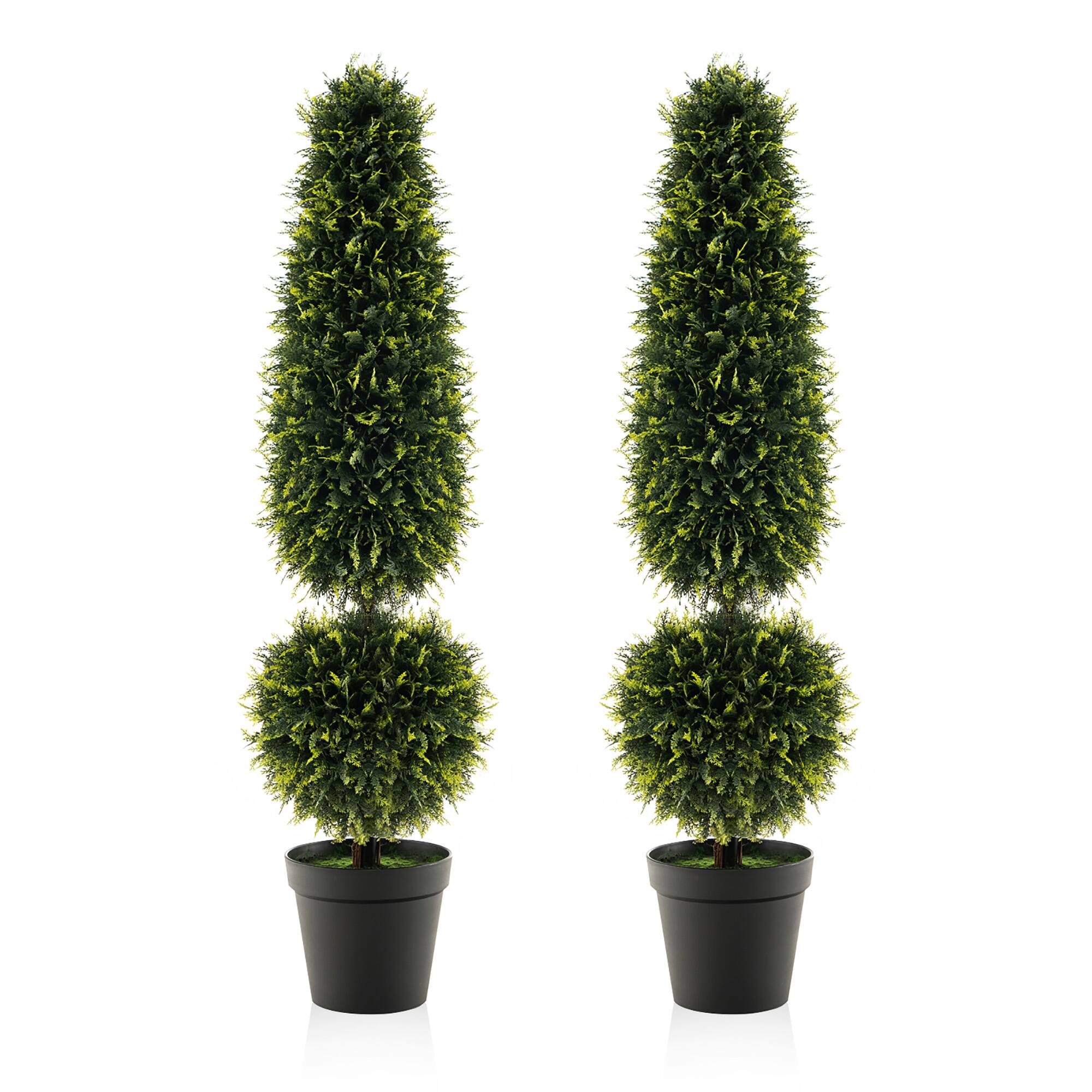 Front. Gymax - Gymax 2 PCS 47.5'' Artificial Boxwood Topiary Tree w/ Natural Vines PE Leaves & Flowerpot - Green, Black.