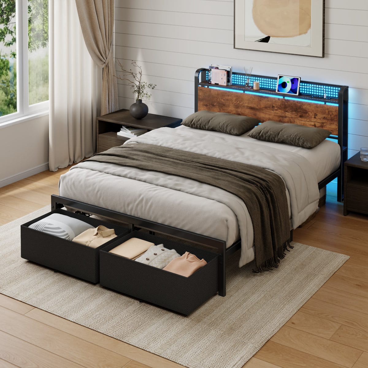 Furnulem - Bed Frame with 2 Underbed Drawers and Open Storage Headboard RGB LED Light and Charging Station - Brown
