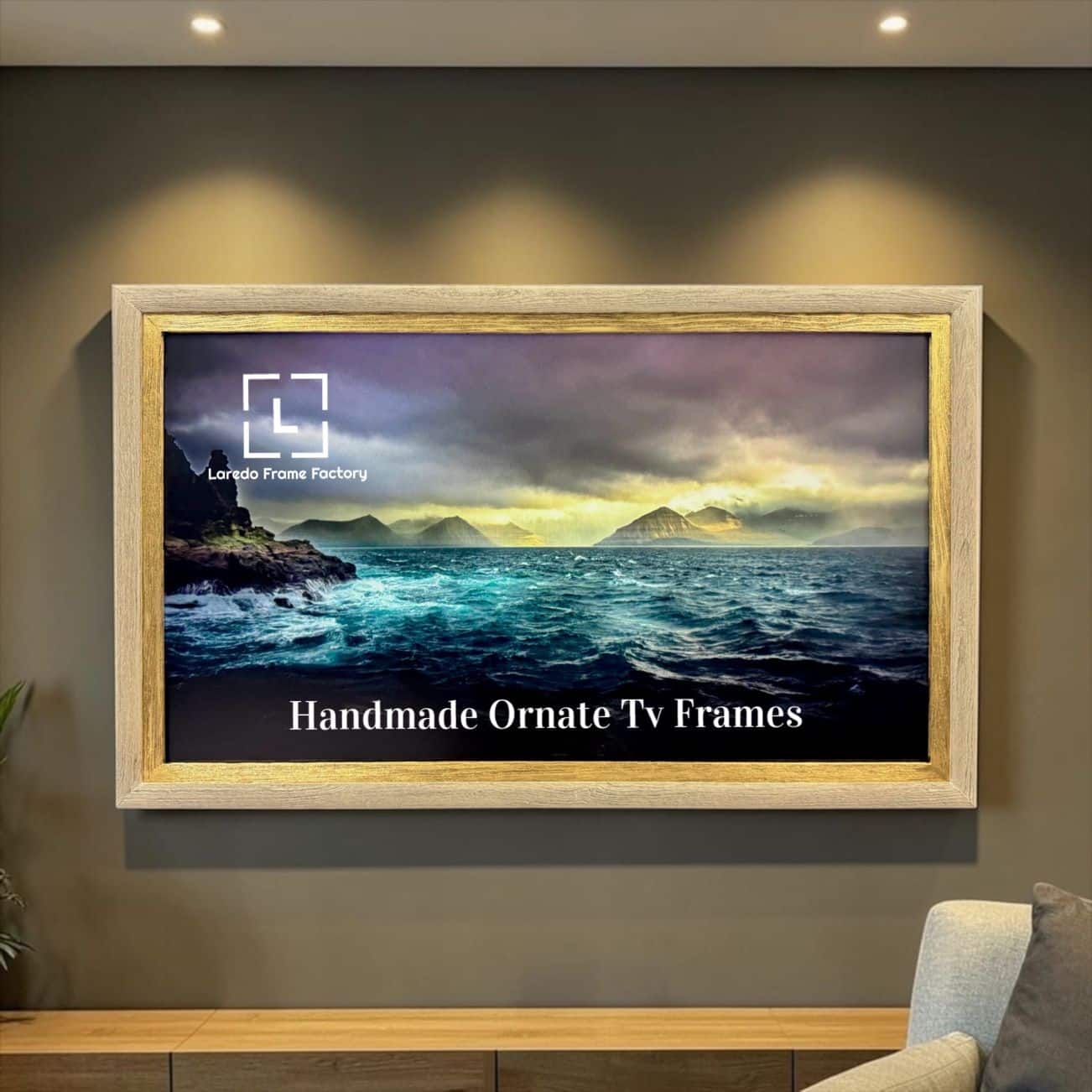 LAREDO FRAME FACTORY - 75 inch Handmade wood For TCL NXTVISION Tv - RUSTIC CREAM WITH GOLD LEAF