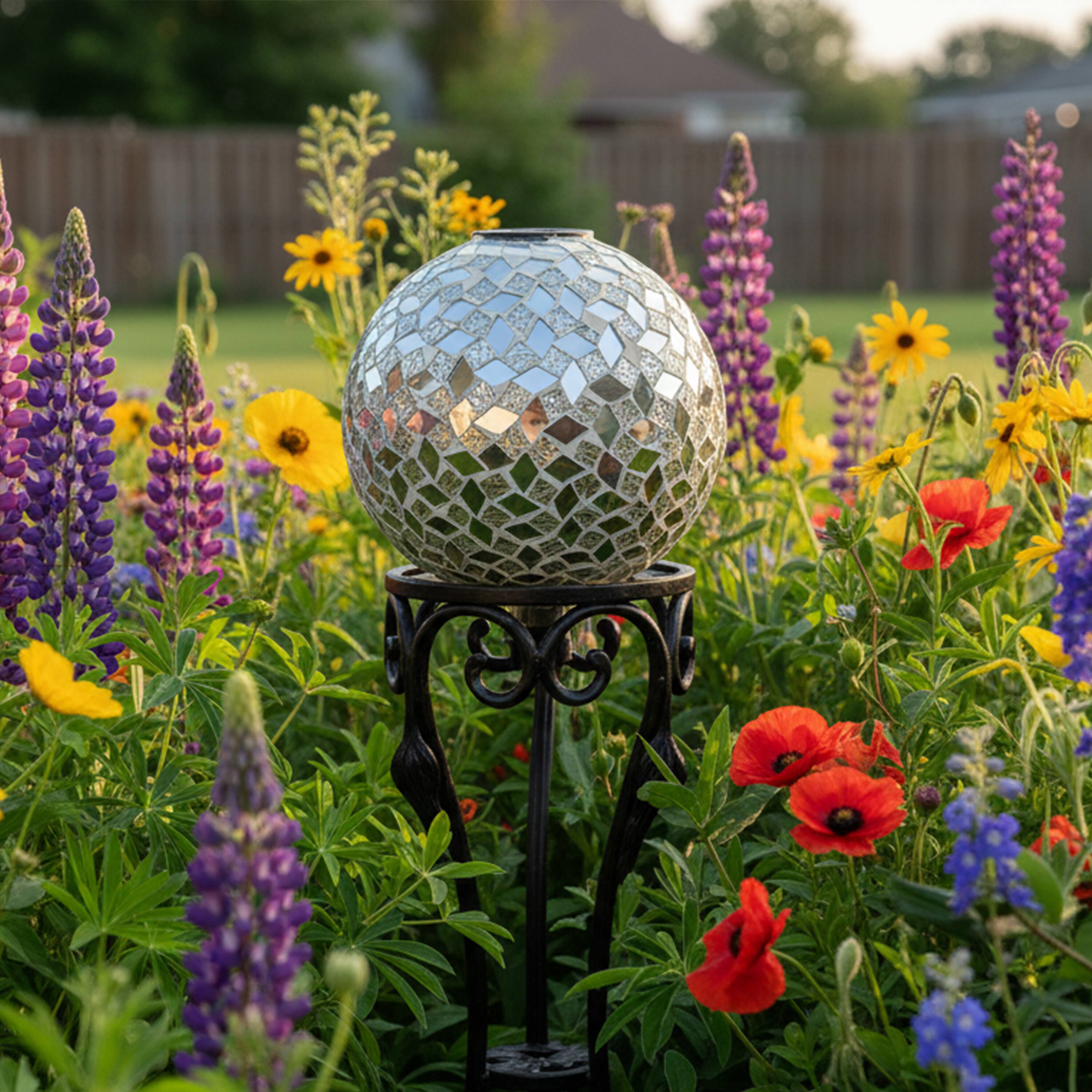 Alt View 9. Sunnydaze - Mosaic Gazing Ball with Solar Light - 10 in - 2pk - Mirrored Diamond.
