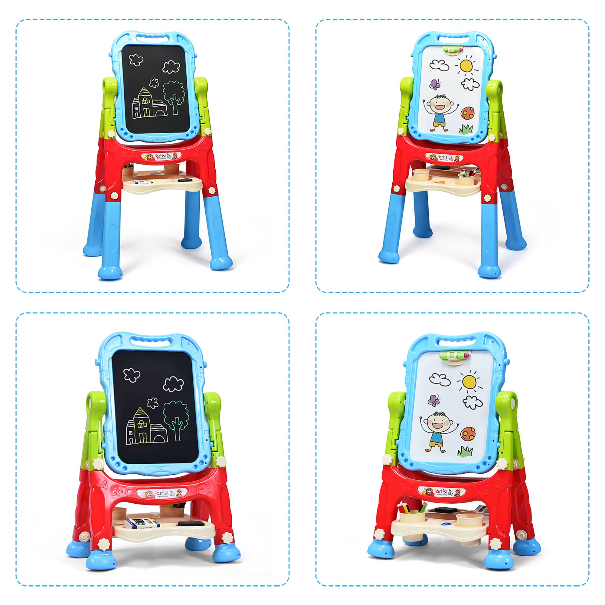 Alt View 21. Costway - Height Adjustable Kids Art Easel Magnetic Double Sided Board with Accessories - Blue.