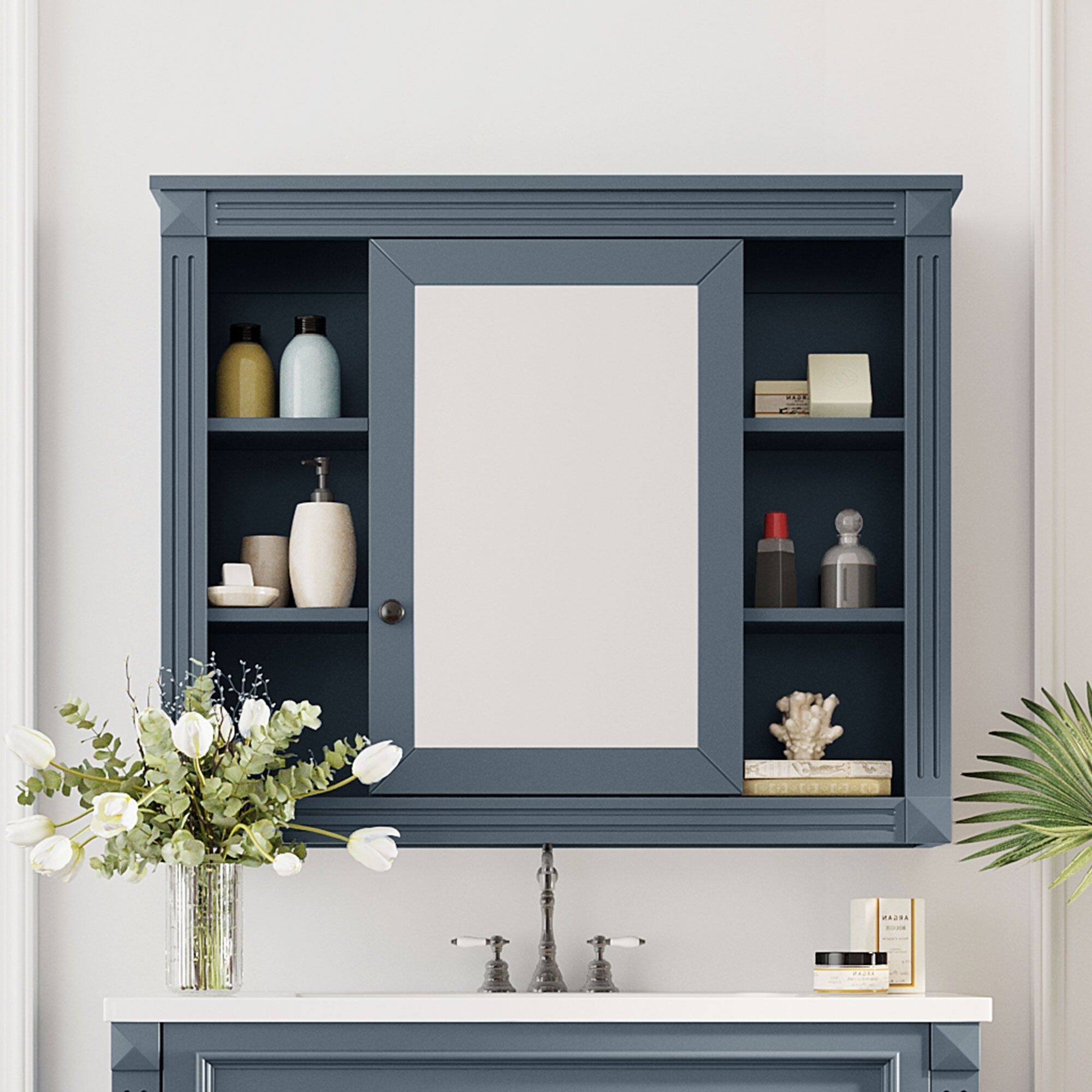 Front. Mirfee - 35" x 28" Wall Mounted Bathroom Cabinet with Mirror, 6 Open Shelves, Medicine Cabinet - Blue.