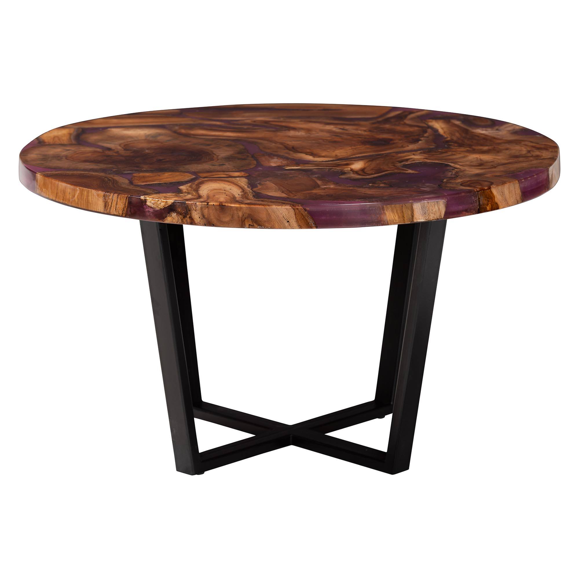 Angle. bali & pari - Apio Round Wood Epoxy Resin Coffee Table - Handcrafted Live Edge Teak Wood with Black Metal Base - Natural Brown/Purple/Black.