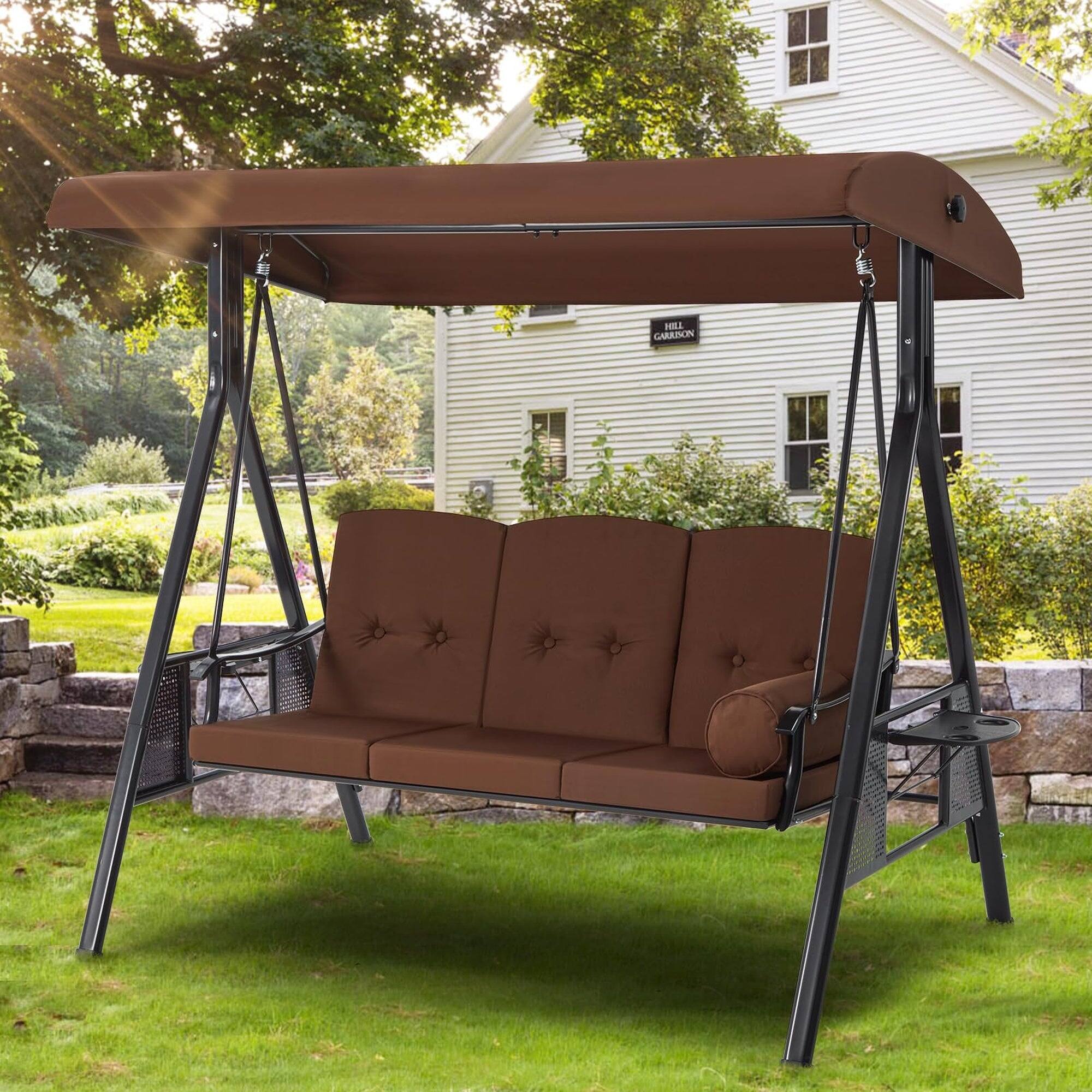 Alt View 2. Boyel Living - 3 Person Metal Patio Swing with Removable Cushion and Cup Holder Outdoor Porch Swing Chair - Brown.