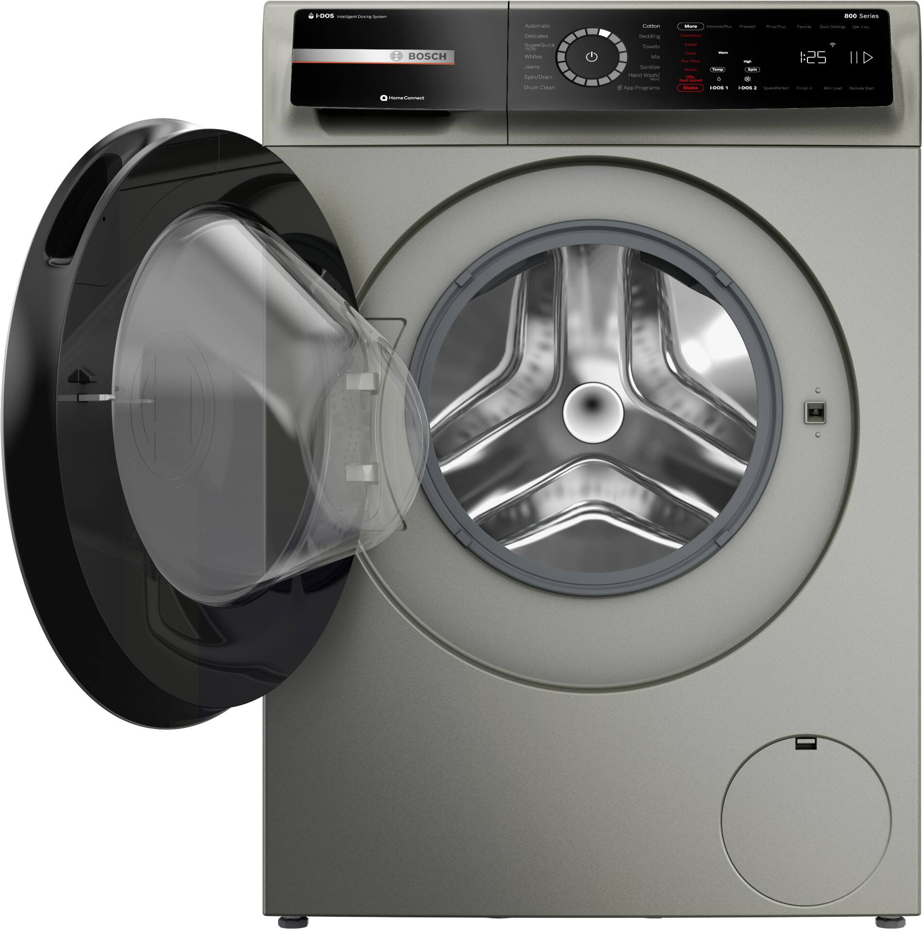 BOSCH  
Home Connect  

800 Series  

Automatic  
Cotton  
Mixed  
Synthetics  
Delicates  
Quick Wash  
Towels  
Sportswear  
Sanitized  
Hand Wash  
Drain & Spin  

1:25  

1000  
1000 2  
Quick Wash  
Frost  
Normal  
Extra Dry  
Anti Crease  
Eco Hybrid  
Speed Up  
End of Cycle