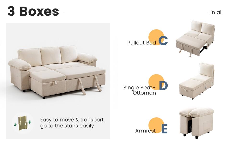 3 Boxes in all

Pullout Bed C

Single Seat+ Ottoman D

Armrest E

Easy to move & transport, go to the stairs easily