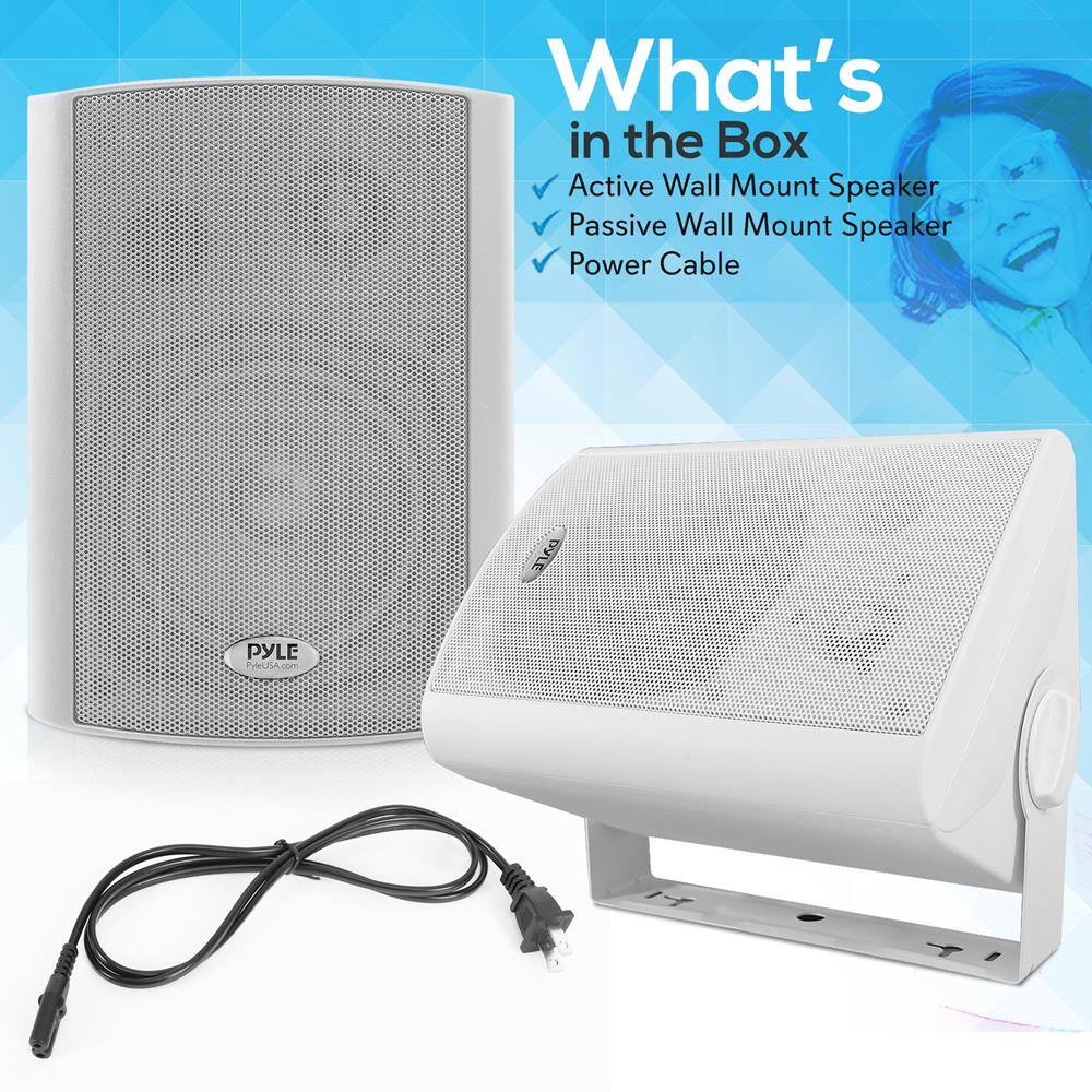 What's in the Box  
- Active Wall Mount Speaker  
- Passive Wall Mount Speaker  
- Power Cable  

PYLE