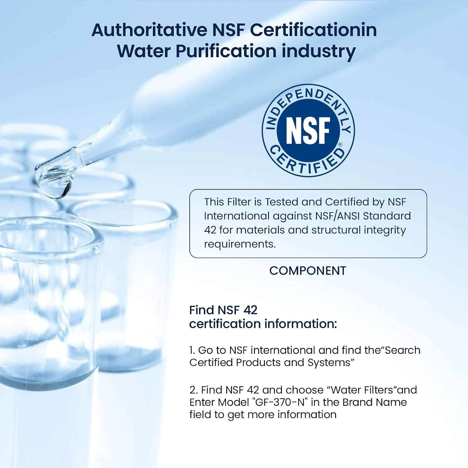 Authoritative NSF Certification in Water Purification Industry

This Filter is Tested and Certified by NSF International against NSF/ANSI Standard 42 for materials and structural integrity requirements.

COMPONENT

Find NSF 42 certification information:
1. Go to NSF international and find the "Search Certified Products and Systems"
2. Find NSF 42 and choose "Water Filters" and Enter Model "GF-370-N" in the Brand Name field to get more information