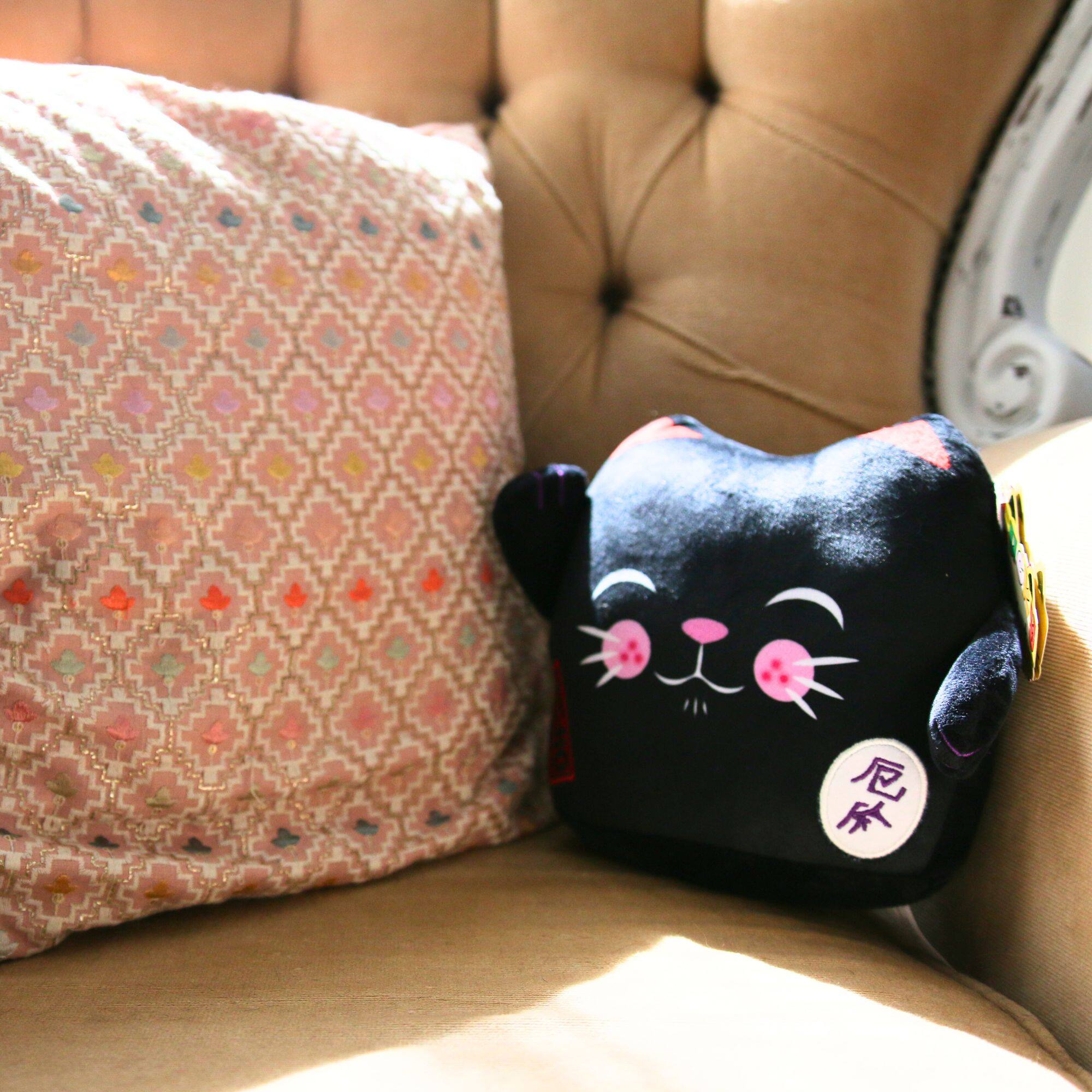 Back. Maneki Neko - Maneki Neko Printed Cushion Soft Velboa 8 inch / 20cm x 21cm Black Closed Eye.