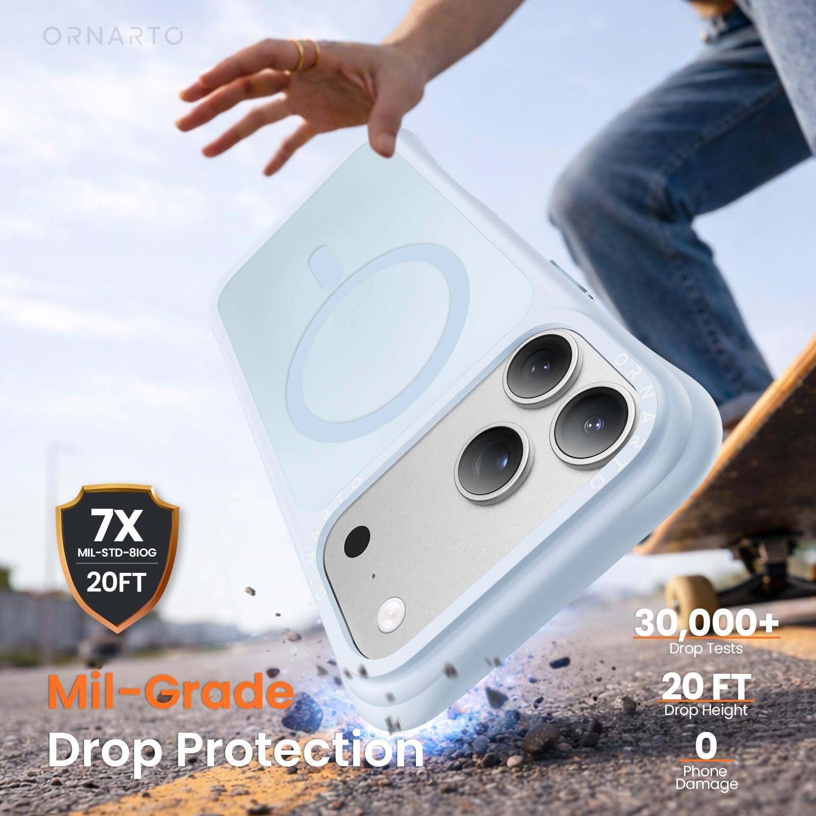 ORNARTO  
7X MIL-STD-810G 20FT Mil-Grade Drop Protection  
ORNARTO 30,000+ Drop Tests 20 FT Drop Height 0 Phone Damage