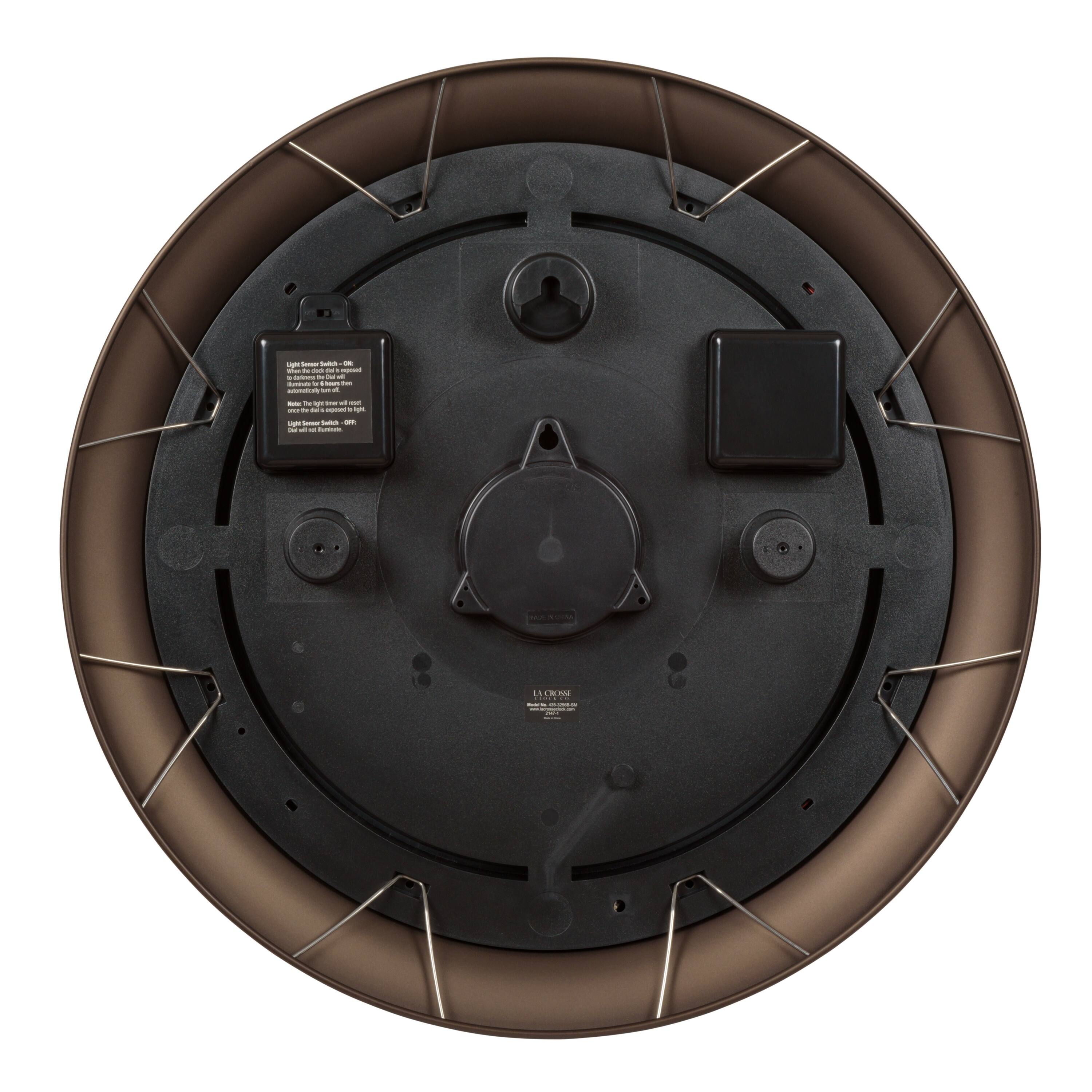 Back. La Crosse Clock Co. - 21 inch Indoor/Outdoor Lighted Dial of Sun/Moon Quartz Analog Wall Clock - Brown.