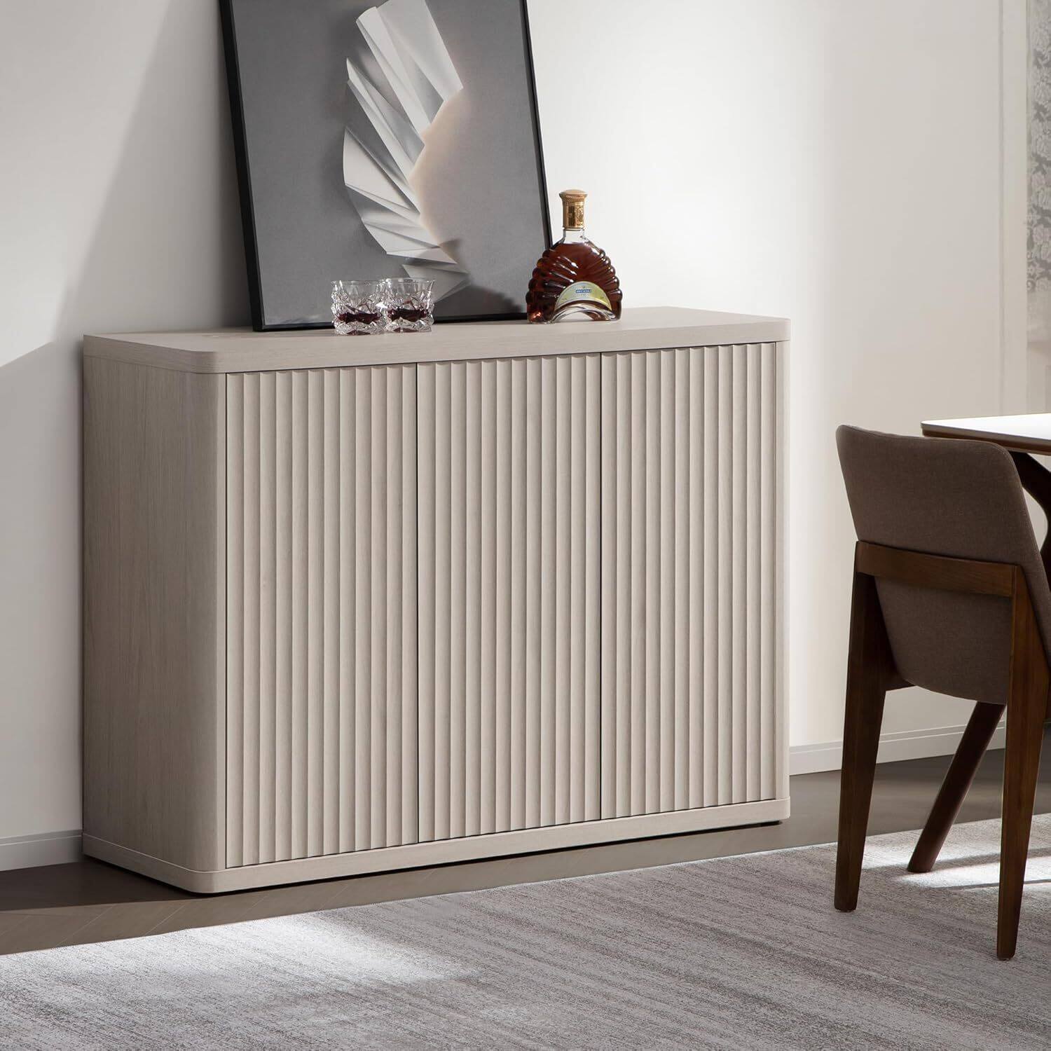 Front. GARVEE - Buffet Cabinet with Storage Accent Sideboard with 3 Doors, Modern 48in Wide Credenza, Fluted Buffet Table - Natural.