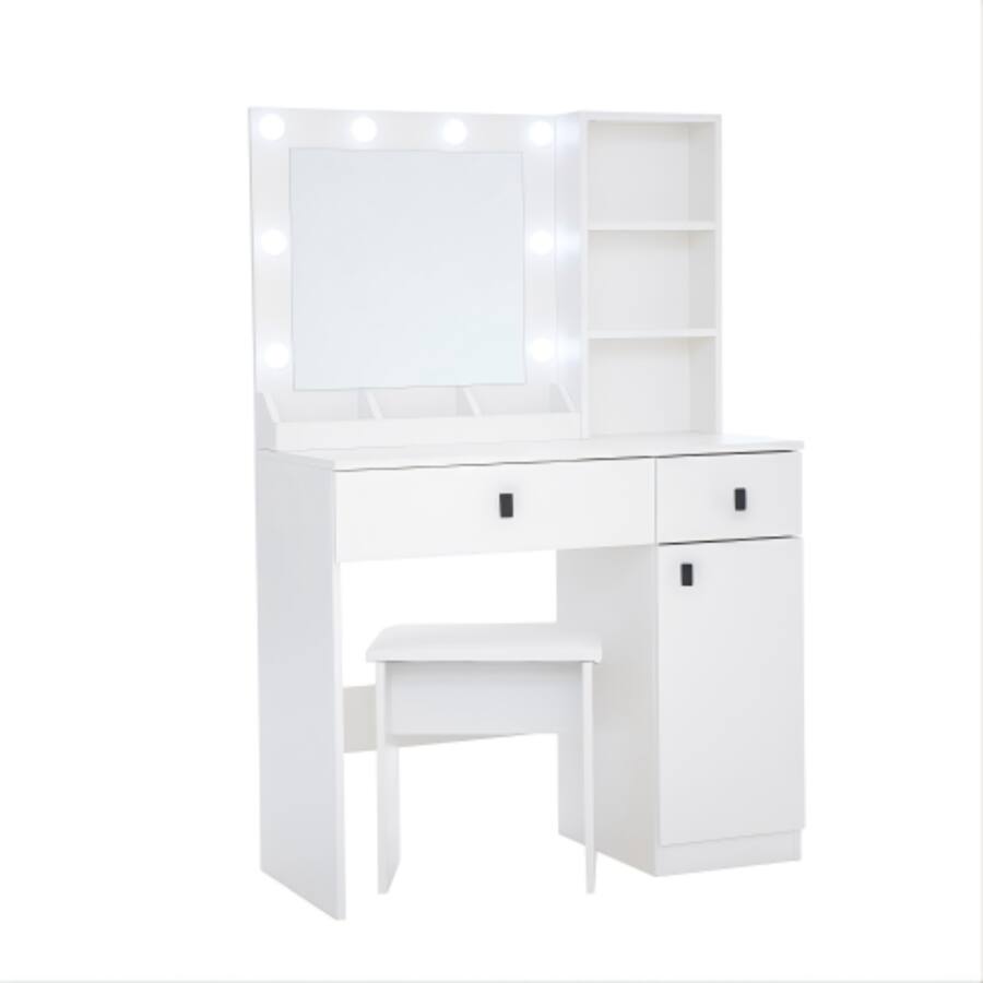 Level Completed Design LUCKY ONE Vanity Desk with LED Mirror, Large Drawers, Three Level ...