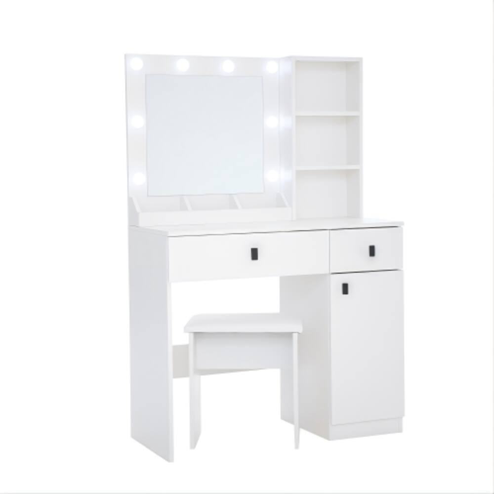 Back. LUCKY ONE - Vanity Desk with LED Mirror, Large Drawers, Three Level Storage and Stool for Bedroom - White.
