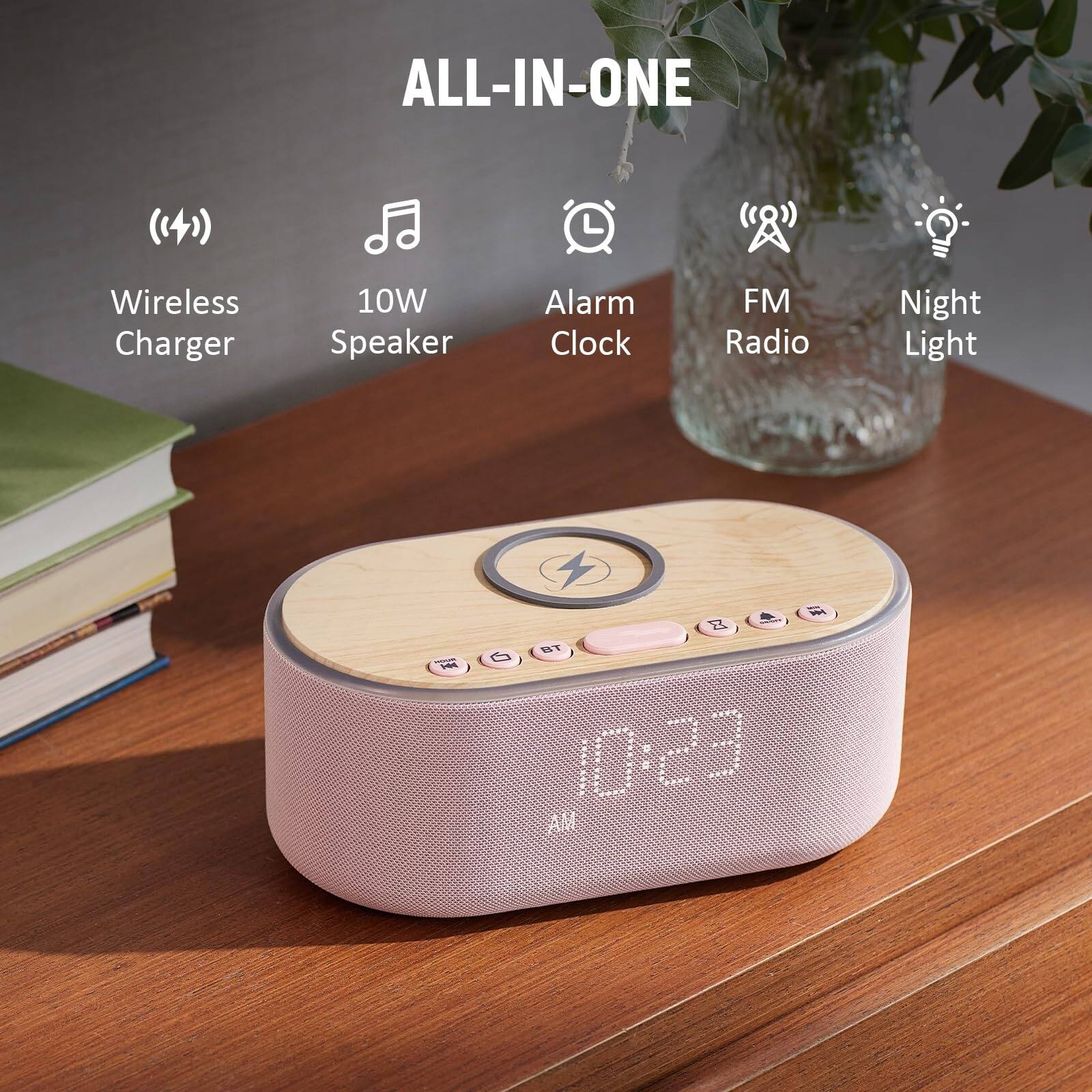 ALL-IN-ONE

- Wireless Charger
- 10W Speaker
- Alarm Clock
- FM Radio
- Night Light

10:23 AM