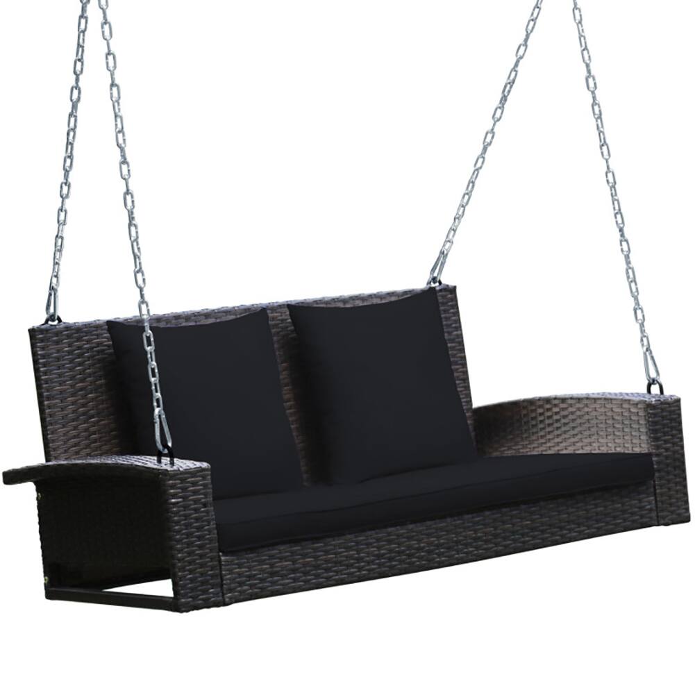 Alt View 4. Pefilos - 2-Person Patio Rattan Porch Swing with Cushions-Black, 2-Seater Hanging Bench, Pillow for Backyar Garen Poolsi - Black.