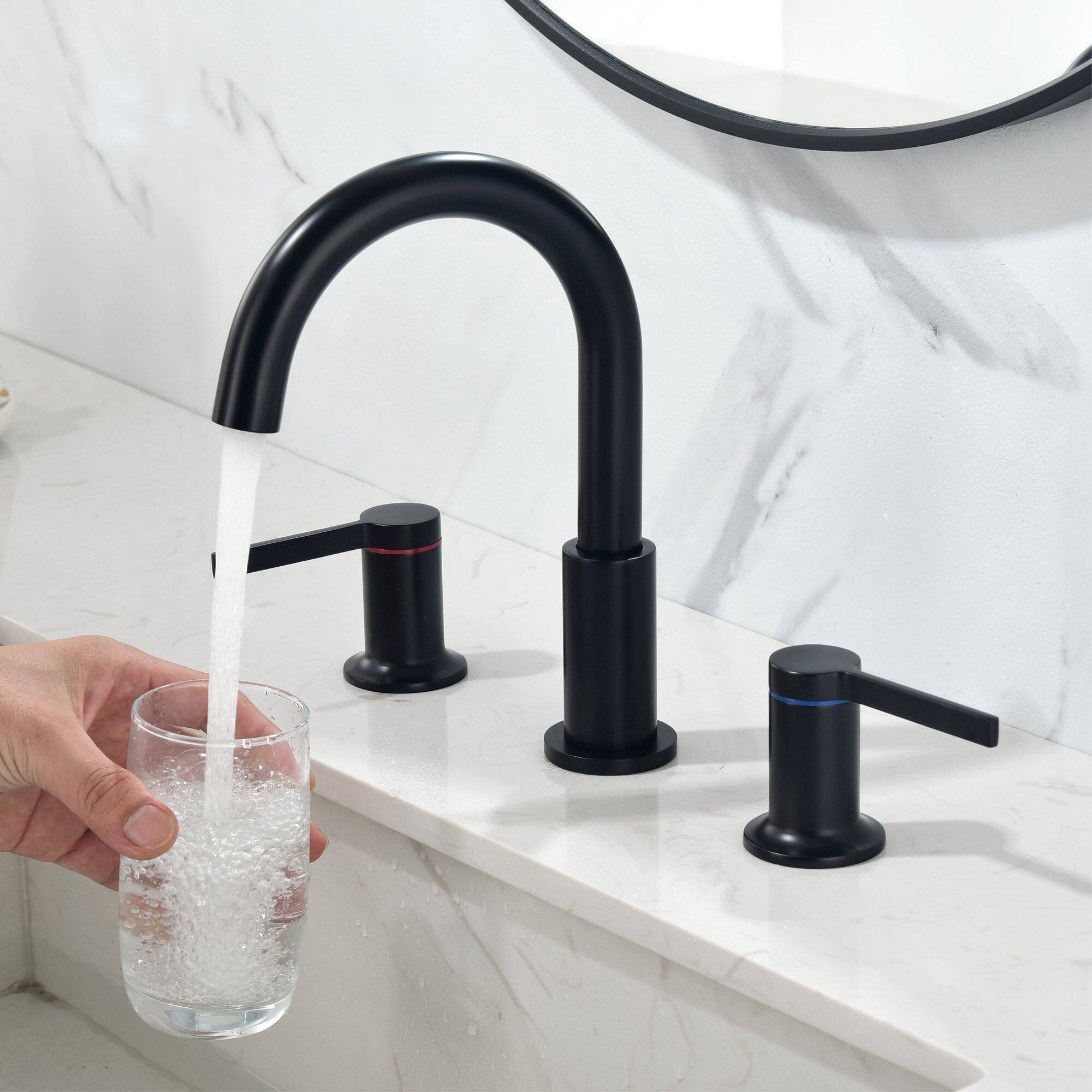 Angle. Boyel Living - 8 in Widespread Double Handle 1.2 GPM Bathroom Faucet with Quick Connect Hose and Water Supply Hose in Matte Black - Matte Black.