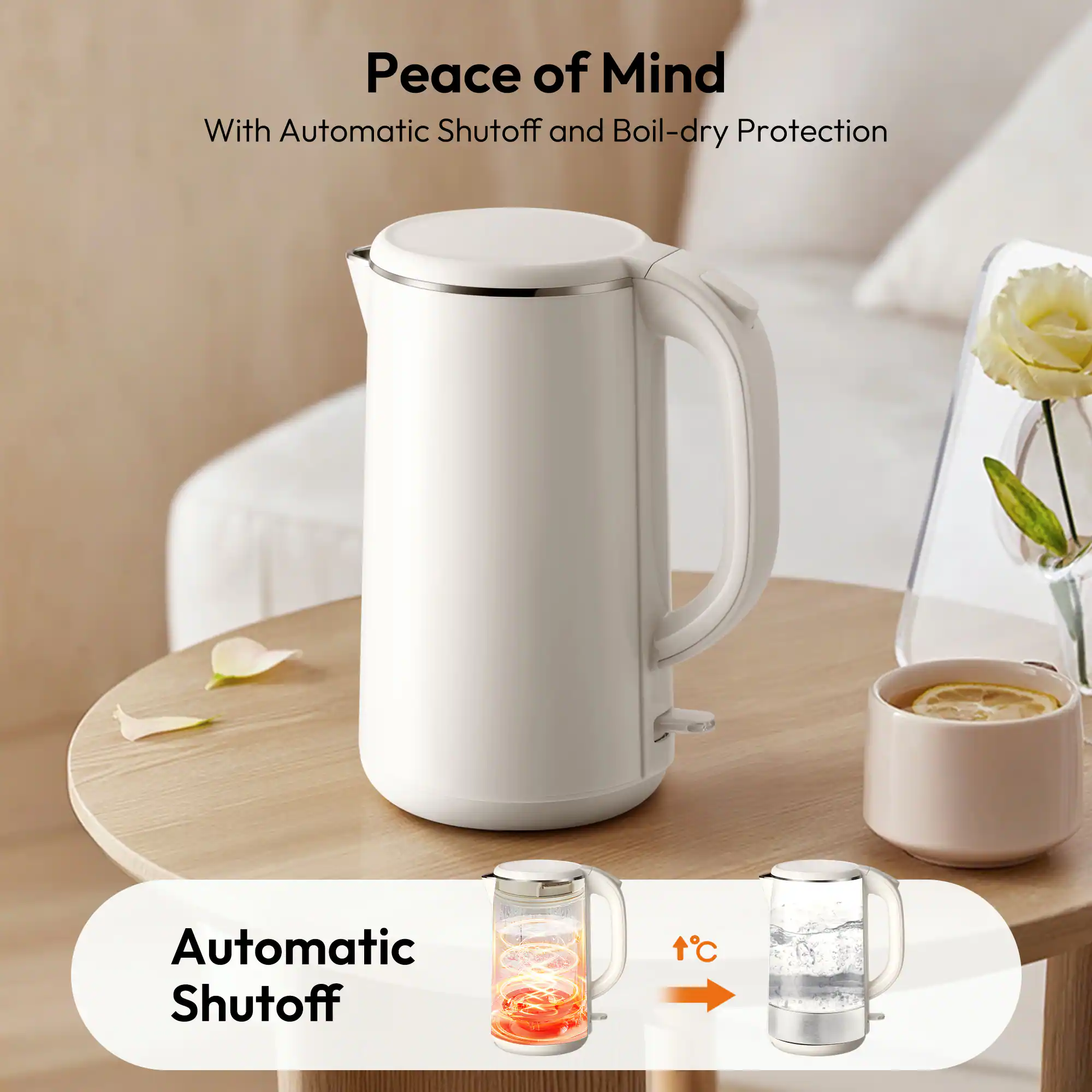 Peace of Mind  
With Automatic Shutoff and Boil-dry Protection  

Automatic Shutoff