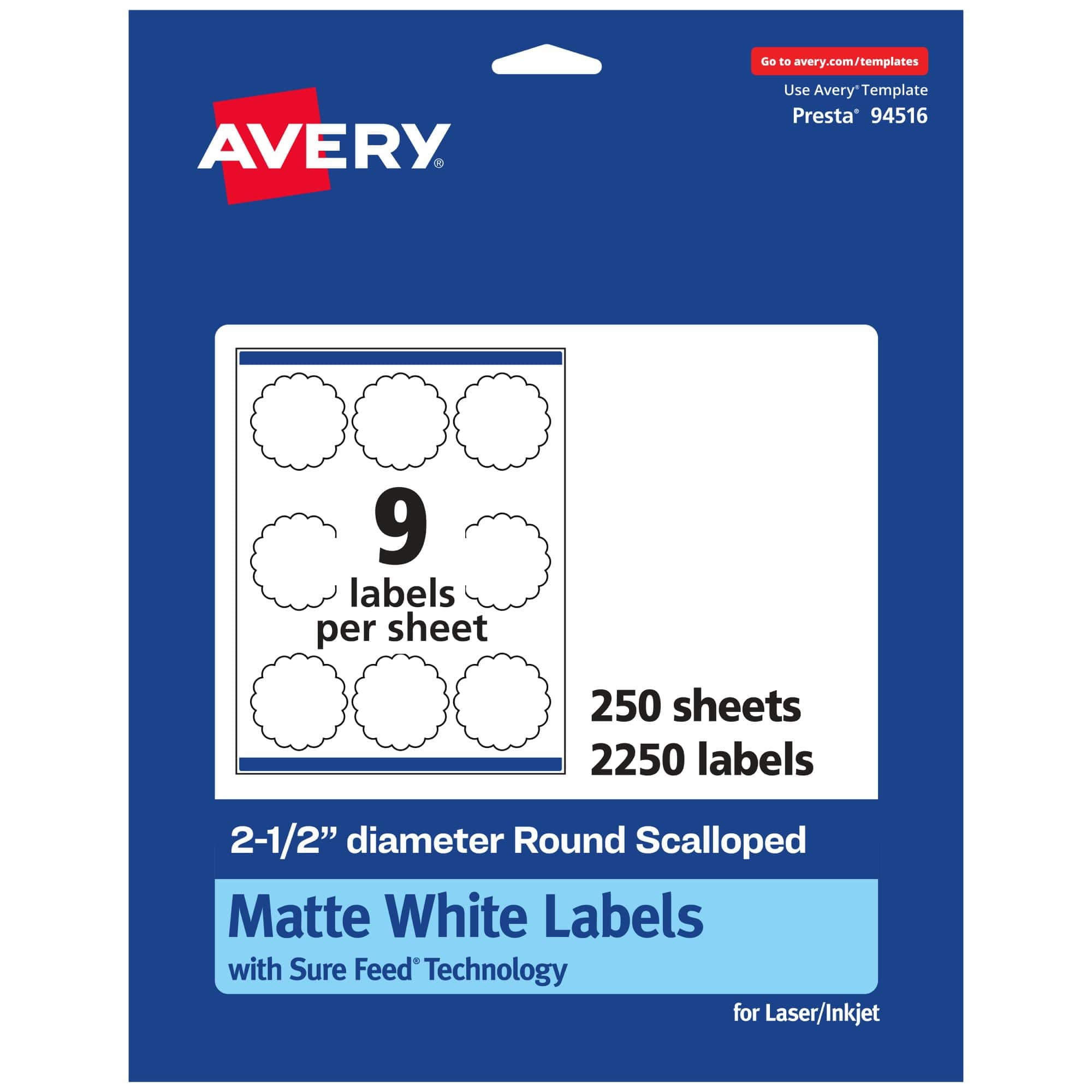 Avery - Round Scalloped Printable Labels 2.5 in Diameter 2,250 Labels Sure Feed Technology Permanent Adhesive Laser/Inkjet - White