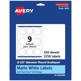Avery - Round Scalloped Printable Labels 2.5 in Diameter 2,250 Labels Sure Feed Technology Permanent Adhesive Laser/Inkjet - White