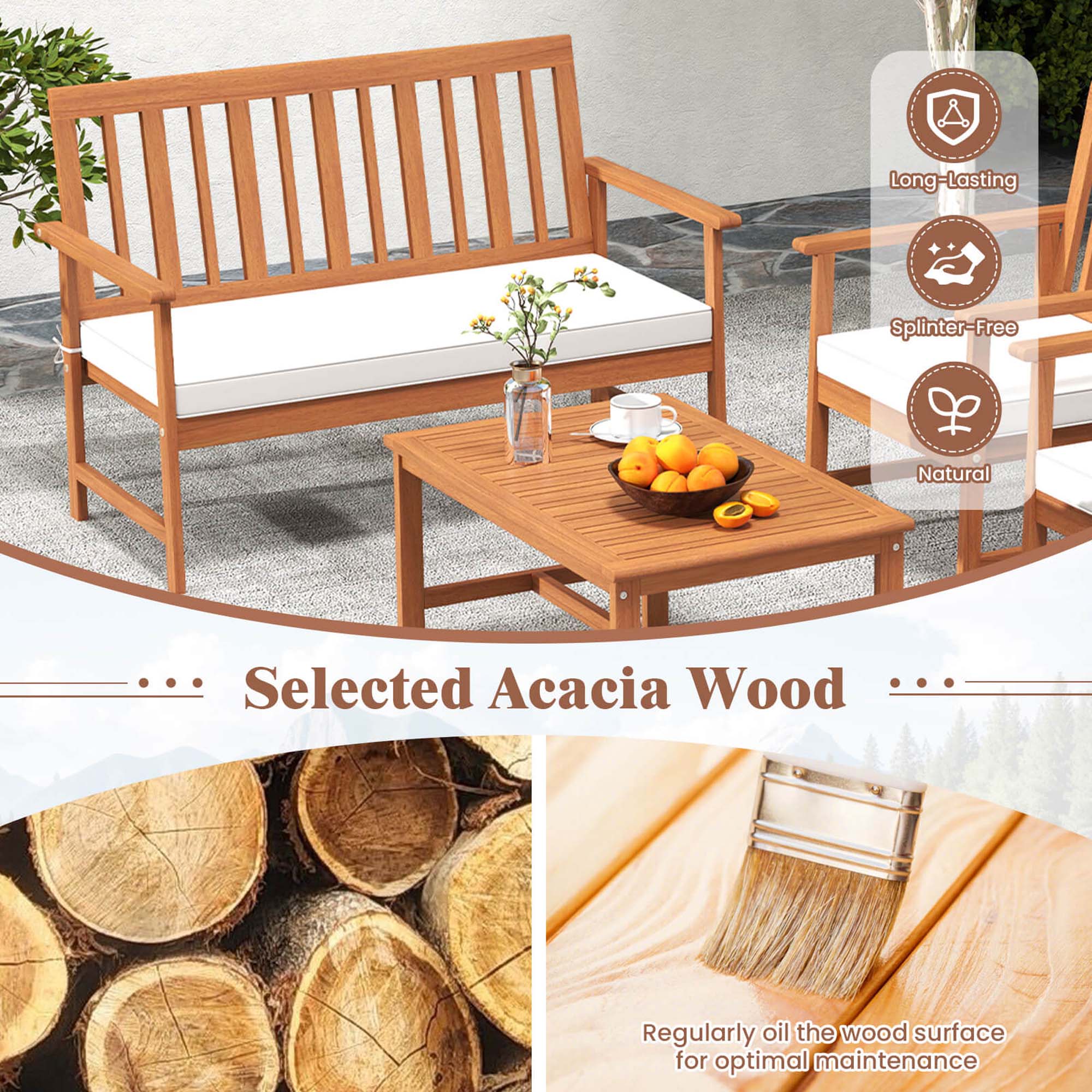 Selected Acacia Wood, Long-Lasting, Splinter-Free, Natural, Regularly oil the wood surface for optimal maintenance