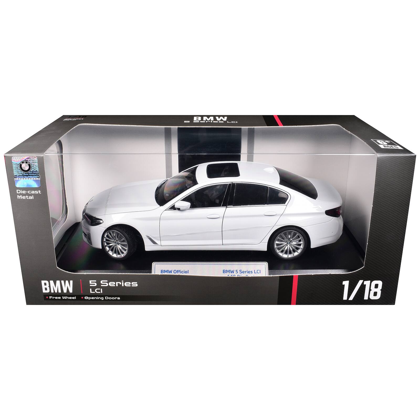 BMW - 5 Series LCI  
6+ AGES  

0453470881  
Die-cast Metal  
5 Series BMW LCI Free Wheel Opening Doors  
BMW Official  
BMW 5 Series LCI  
1/18