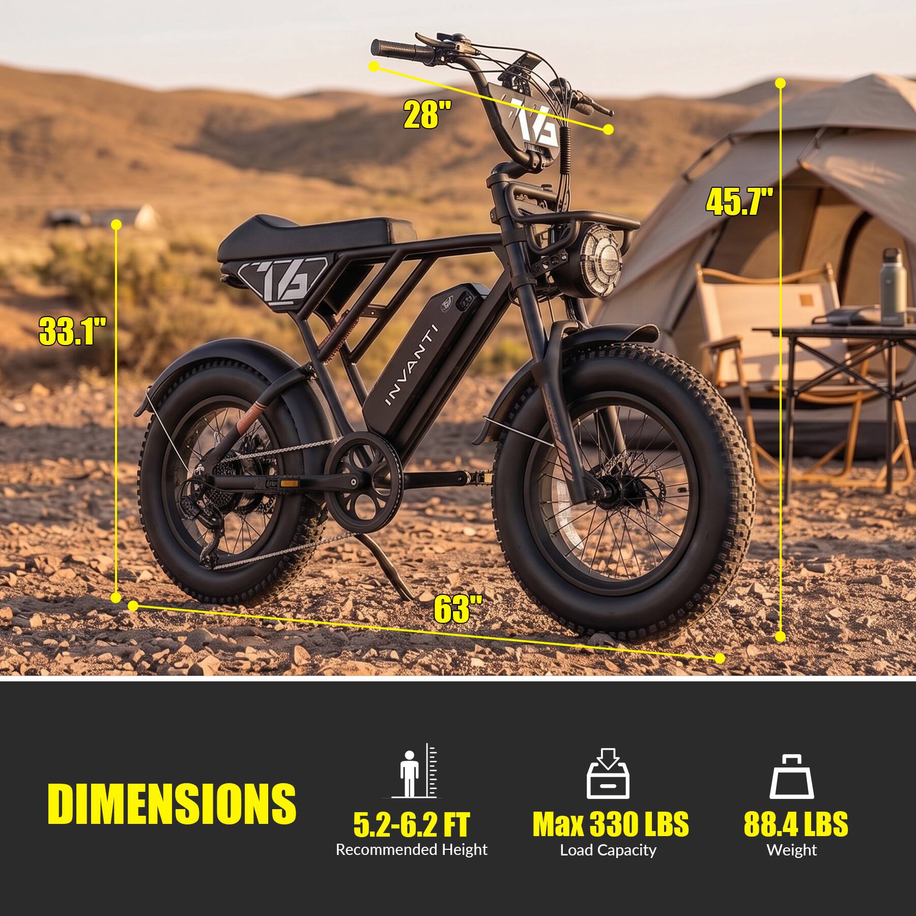 33.1"  
17  
28" INVANTI  
45.7"  
63"  

DIMENSIONS  
5.2-6.2FT Recommended Height  
Max 330 LBS Load Capacity  
88.4 LBS Weight