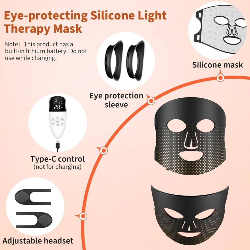 Eye-protecting Silicone Light Therapy Mask

Note: This product has a built-in lithium battery. Do not use while charging.

- Silicone mask
- Eye protection sleeve
- Type-C control (not for charging)
- Adjustable headset