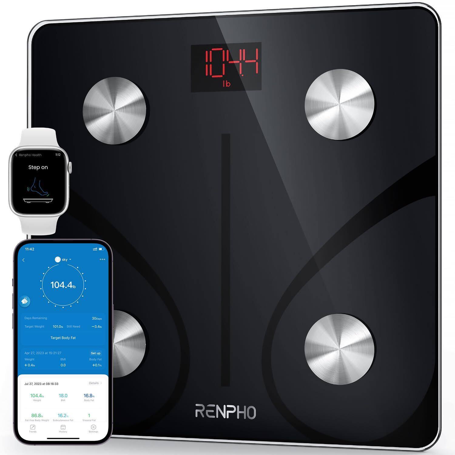 044 lb  
C Renpho Nocith  
10  
Step on  
11:42  
sky  
004  
104.4%  
Days Remaining  
30cays  
Target Weight  
101.0m 22 Need  
-3.4g  
Target Body Fat  
Apr 22 2023 K 15:21:27 Weight IM +0.4 0.0  
Set up Body Fat +0.1%  
Jul 2C 2023 # 0516:33  
Details  
104.4 18.0 Reight pt 86.8% 16.2% Follower too - Submickness Fat  
16.8% Beer M 1 CHAMPION Per  
RENPHO  
Twee's  
whoney  
Twitters
