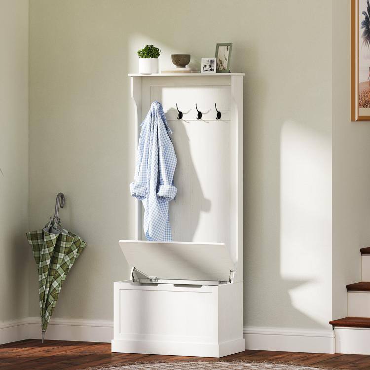 Alt View 2. PULUZ - Hall Tree with Coat Rack, Storage, and Sitting Bench - Cream White.