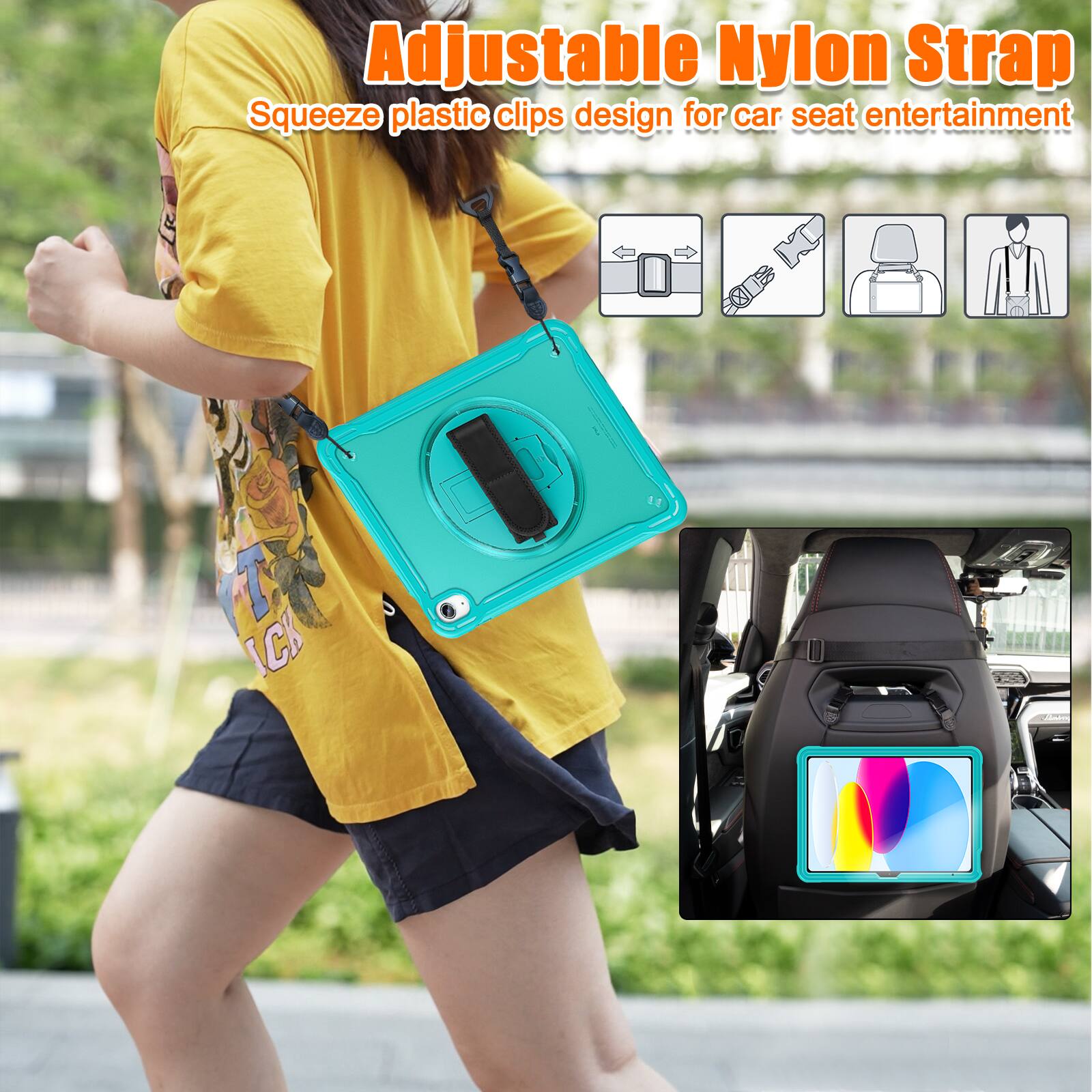 Adjustable Nylon Strap  
Squeeze plastic clips design for car seat entertainment