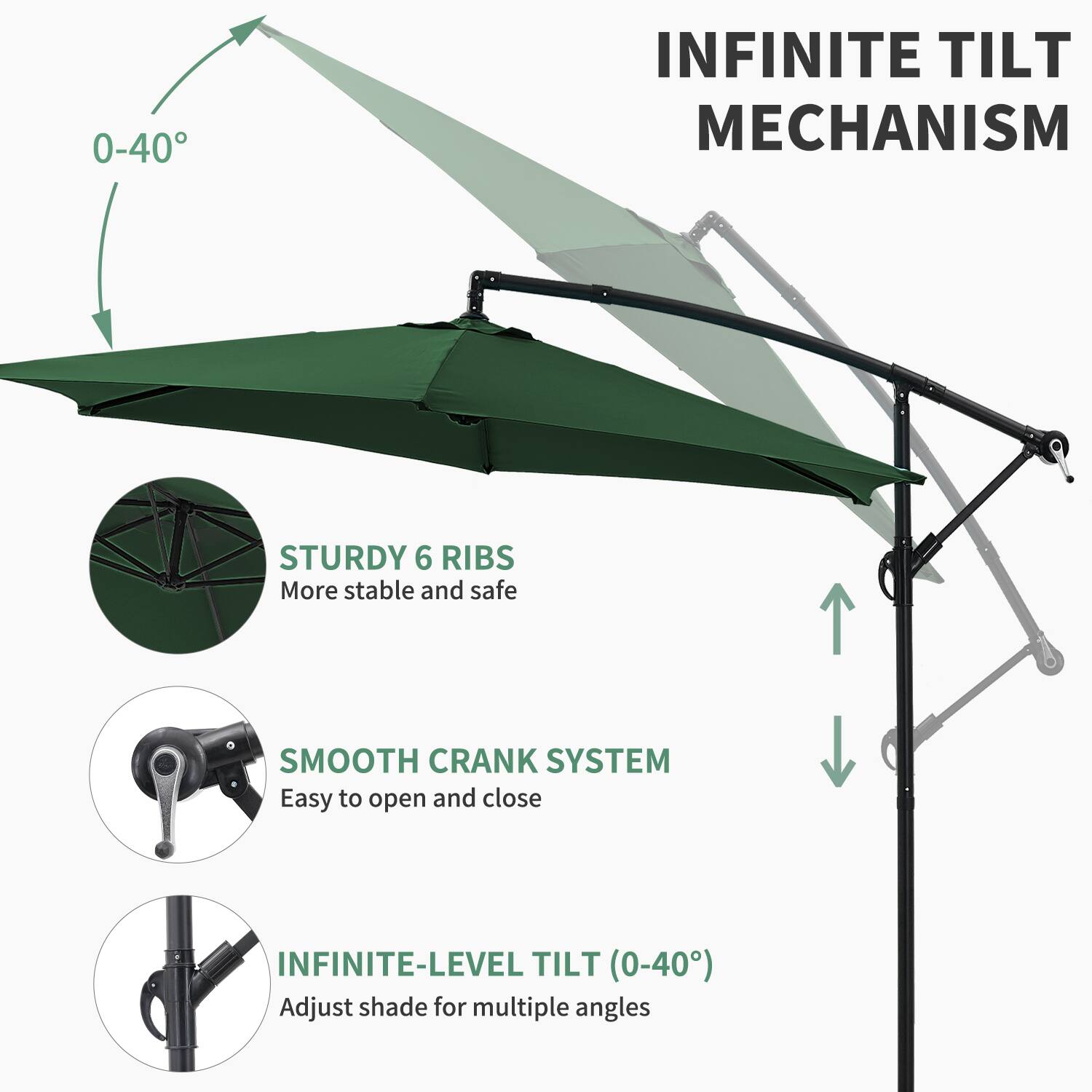 - INFINITE TILT MECHANISM
- STURDY 6 RIBS
  - More stable and safe
- SMOOTH CRANK SYSTEM
  - Easy to open and close
- INFINITE-LEVEL TILT (0-40°)
  - Adjust shade for multiple angles
